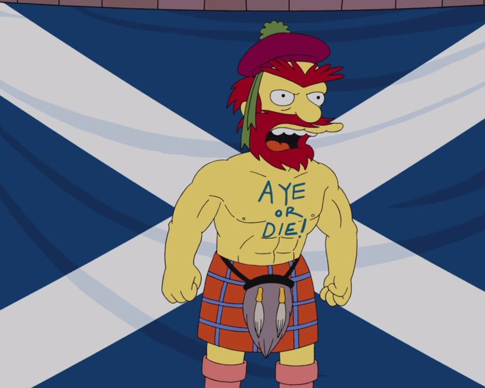 The Simpsons Groundskeeper Willie is bare-chested and wearing a kilt. On his chest is written, 