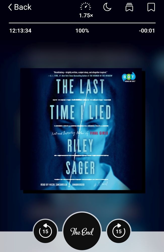 A screenshot from the libby app showing The Last Time I Lied by Riley Sager