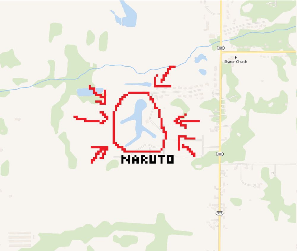 screencap of a map showing a human-shaped lake surrounded by a red circle and arrows with the word "naruto" written below it