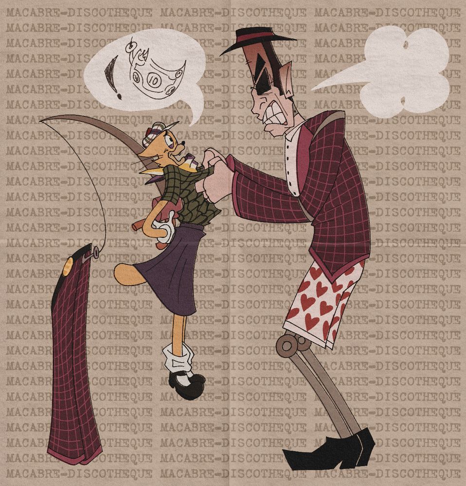 A digital illustration of the Factory Foreman from Toontown Rewritten, he is missing his pants and in their place are a pair of heart-patterned boxers and skelecog legs.

The Foreman is holding a Toon in his clutches, the Toon is an orange cat with a green plaid shirt, a blue skirt, a golf hat, and mary jane shoes. They are holding a fishing rod that have the aforementioned missing pants stuck on the hook. The Toon has a speech bubble with a crude drawing of a Ten Dollar Bill on the hook.

The background is a beige color and has the word "MACABRE-DISCOTHEQUE" plastered all over it
