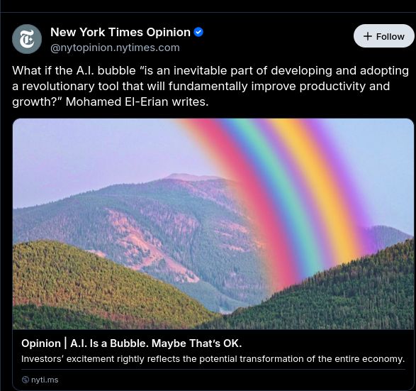Skeet from @nytopinion.nytimes.com‬
What if the A.I. bubble “is an inevitable part of developing and adopting a revolutionary tool that will fundamentally improve productivity and growth?” Mohamed El-Erian writes.