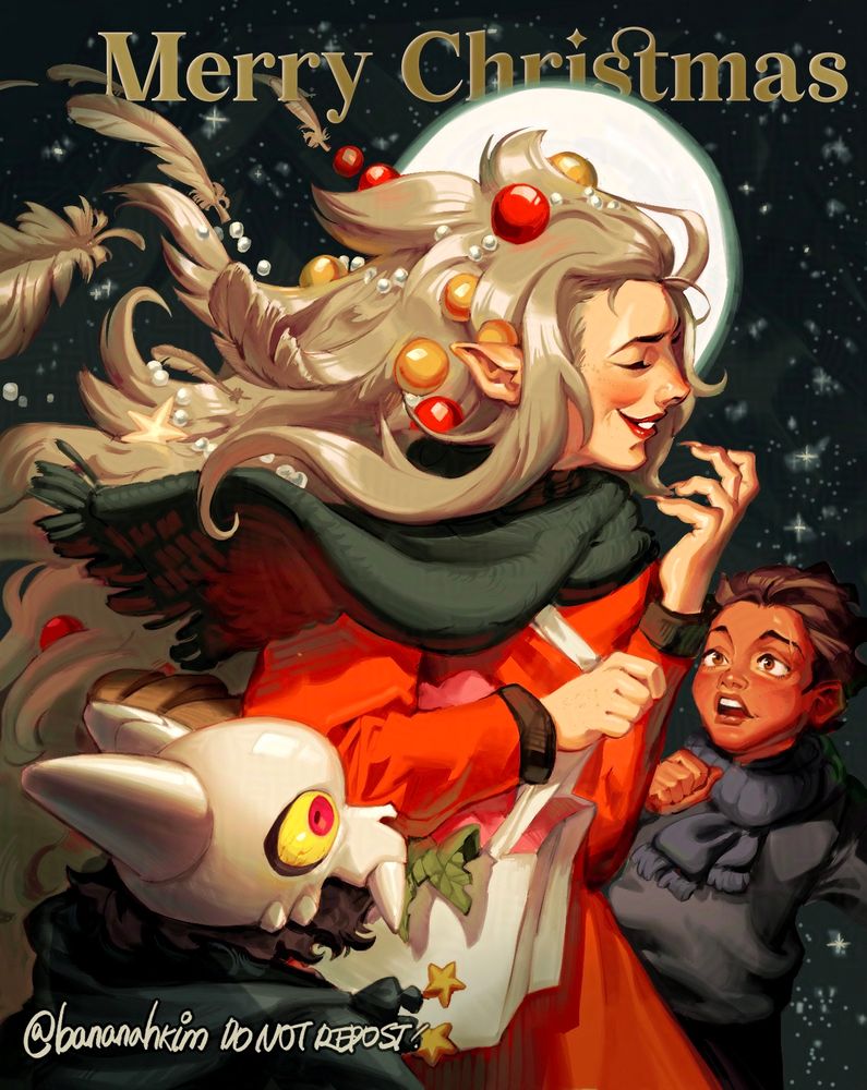 a j c leyendecker inspired painting that says, merry Christmas on the top right in shining gold letters. Eda, Luz, and King are going somewhere, and both King & Luz are looking at Eda. her long hair locks resemble feathers and there are Christmas tree ornaments stuck in it. she's holding a grocery bag, and a halo behind her. there are sparkles everywhere around them. 