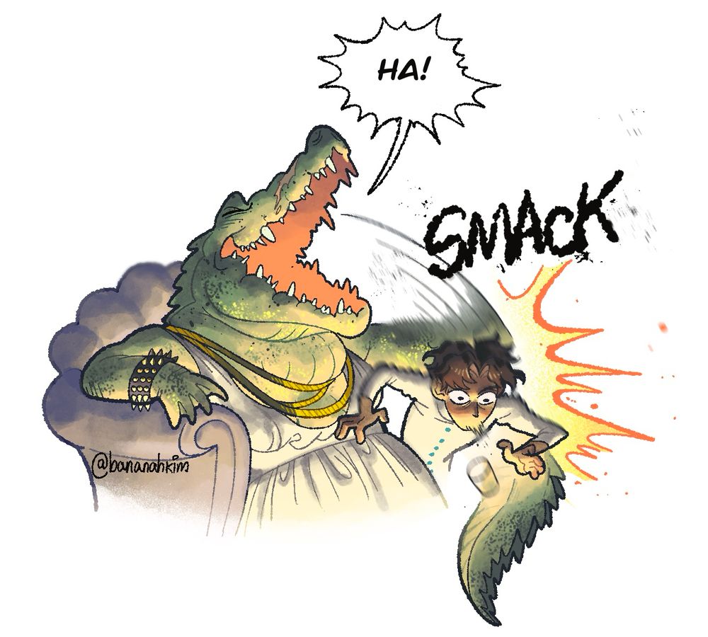 Grana the crocodile in a good mood, laughing while smacking Kermes’ back,  causing him to drop his cup. 