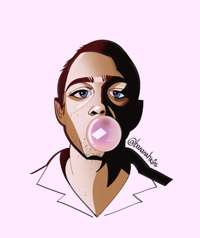 Portrait of Drew Starkey blowing a bubblegum. 