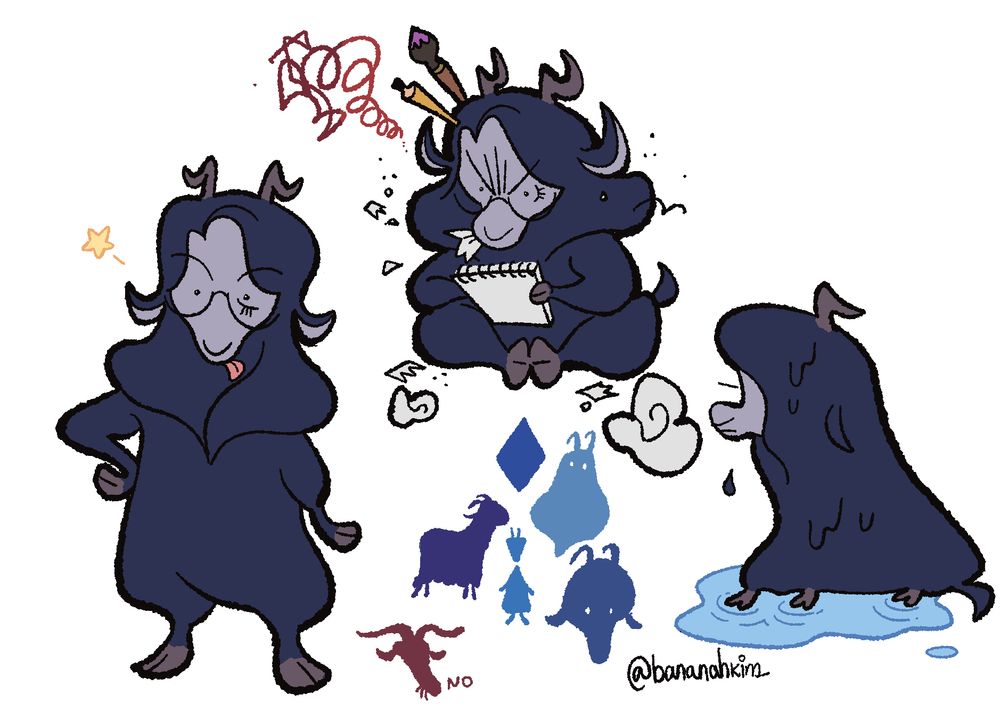 3 poses of a short cashmere goat with indigo wool and grey skin. She is sticking her tongue out in the first pose, furiously chewing sketchbook paper in the second, and sitting down with her wool all wet in the third. 