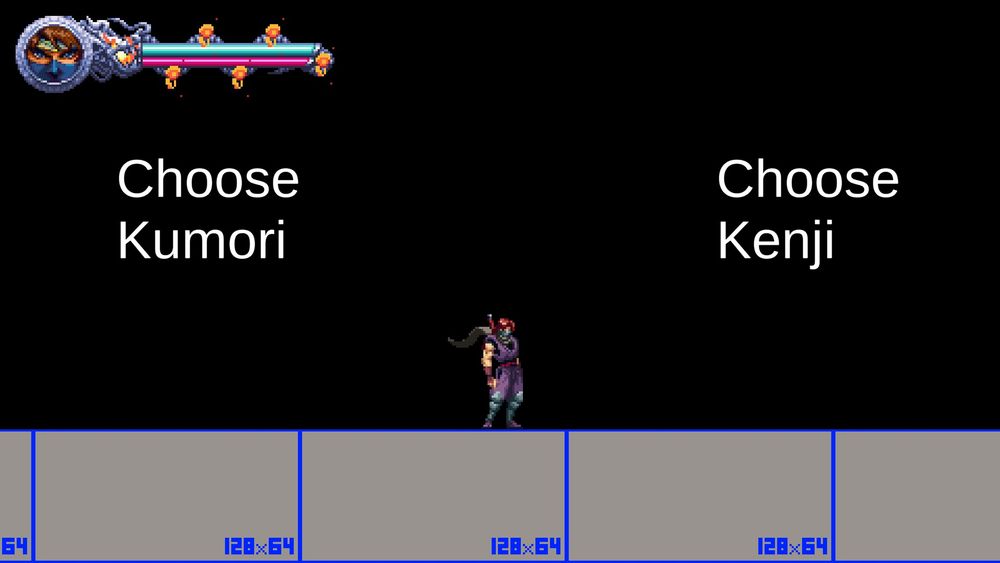 Pantalla de selección de personaje, solo que de manera literal. En vez de ser un menú, es una pantalla con cajas grises que pone 128x64 como suelo, fondo negro, a la izquierda un texto que pone "Choose Kumori" y a la derecha uno que dice "Choose Kenji". Kenji, el personaje, está entra ambas opciones