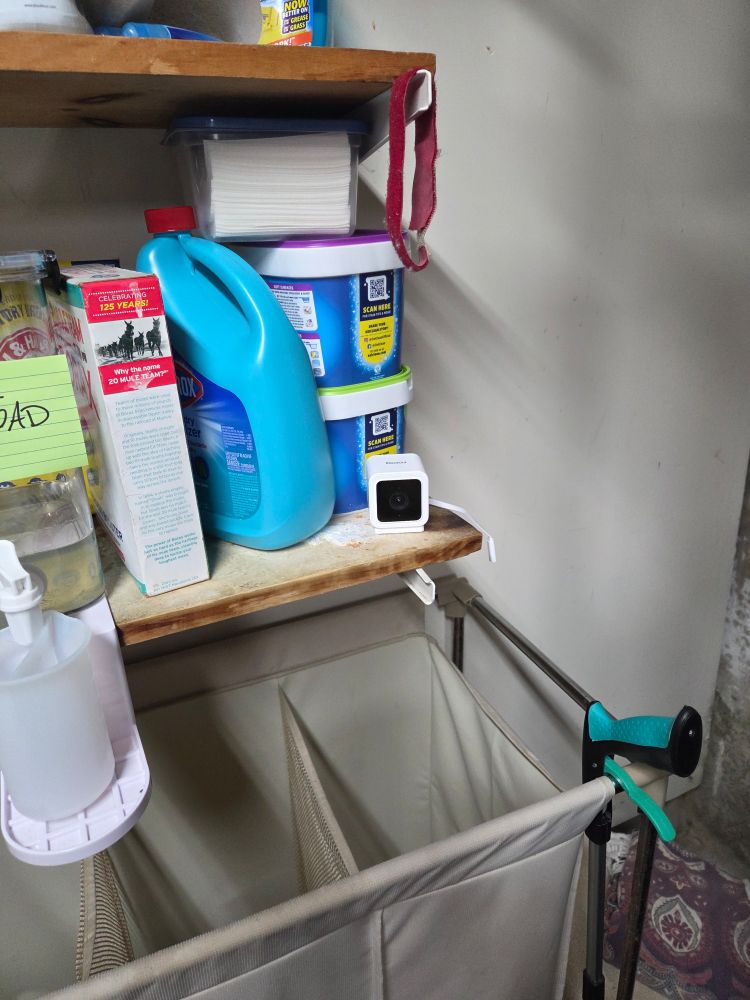Mini camera on a shelf with laundry detergent 