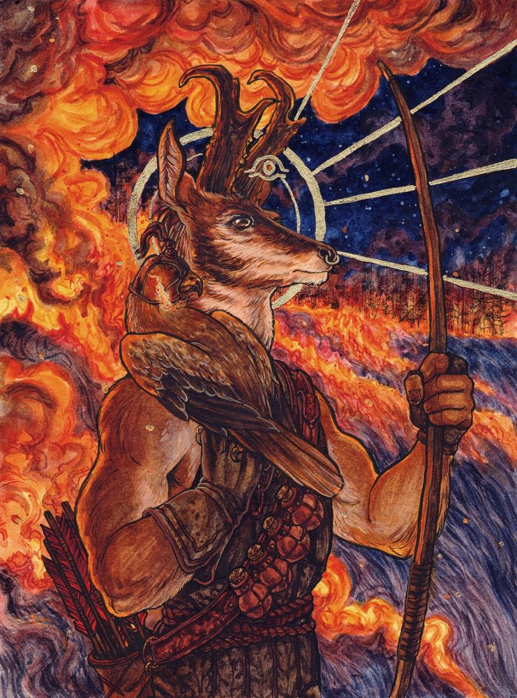 A watercolor painting depicting an anthropomorphic pronghorn ranger. He is paired with a hooded hawk who bears a burning match. Behind him, a cleansing controlled burn rages.
