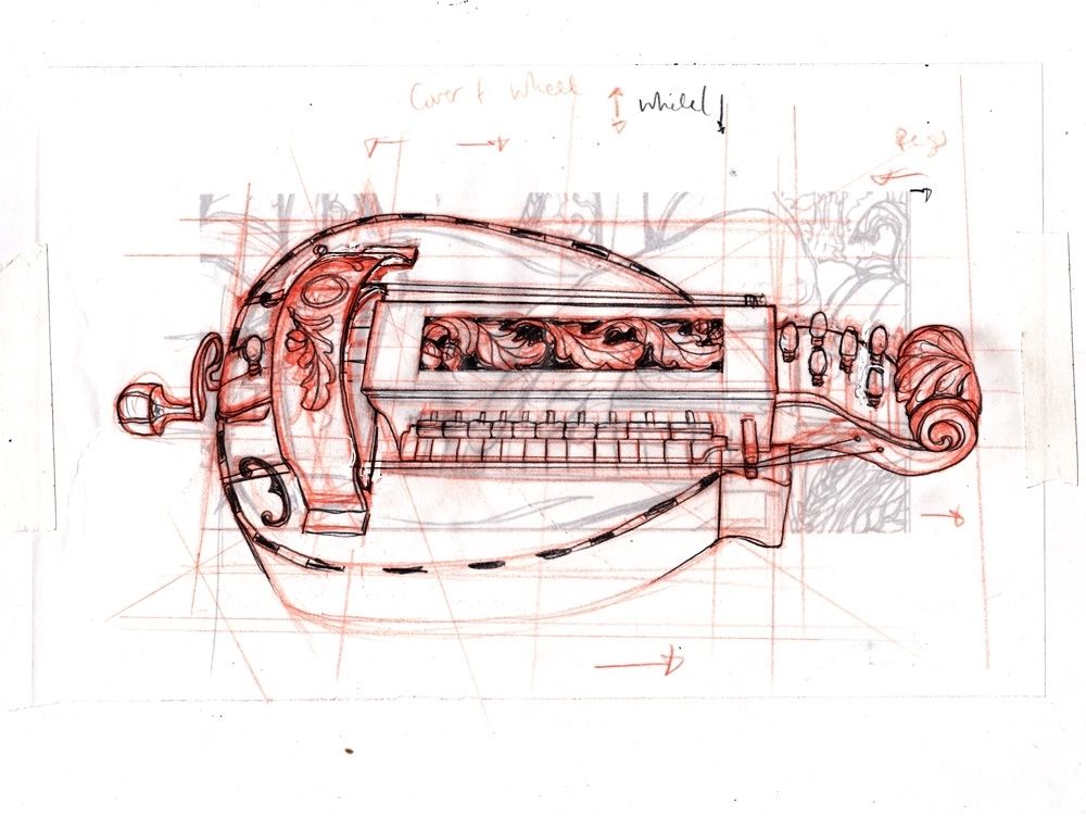A sketch in black and red, refining the structure/design of a hurdy gurdy
