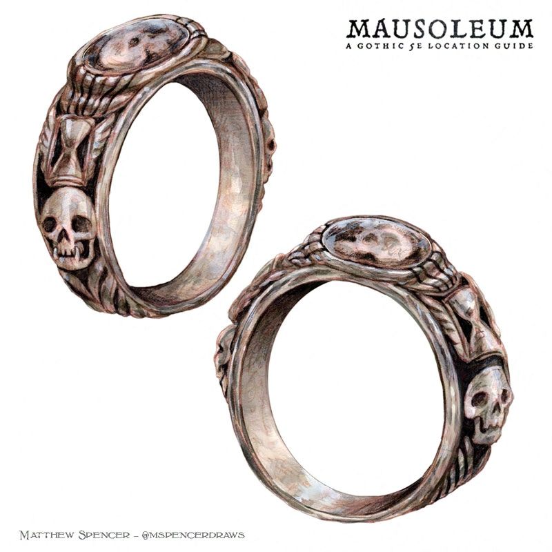 A watercolor illustration depicting two "Memento Mori" style rings in silver and black enamel. They feature skulls and winged hourglasses. One of the skulls has orc tusks.