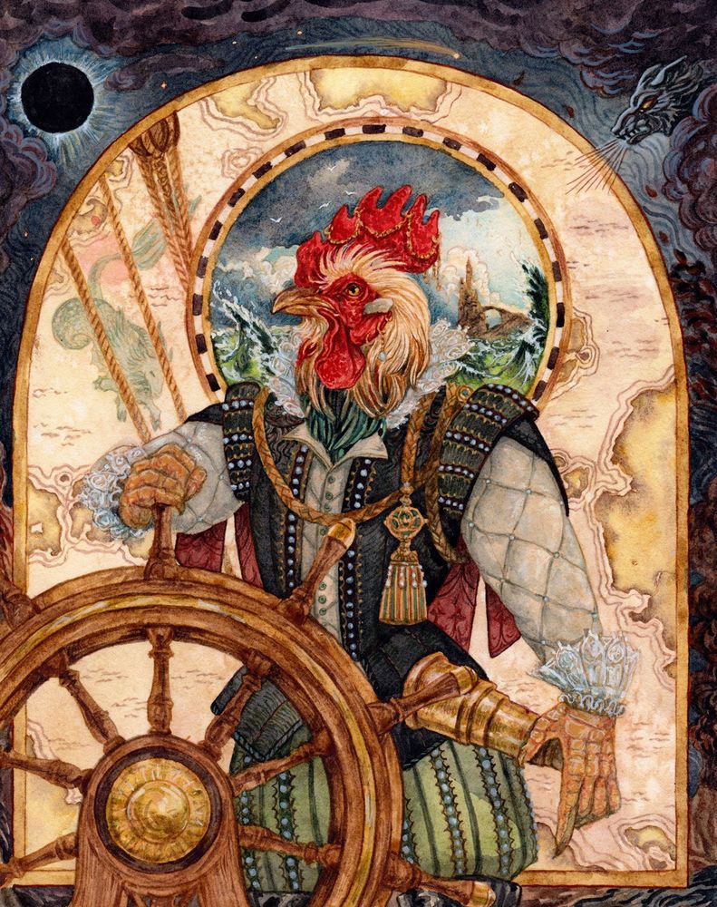 An illustration in watercolor depicting an anthropomorphic rooster dressed in fine Elizabethan clothing. He stands at the helm of a ship. Behind his head in a circular frame is a seascape. A large illustrated map fills the rest of the background.