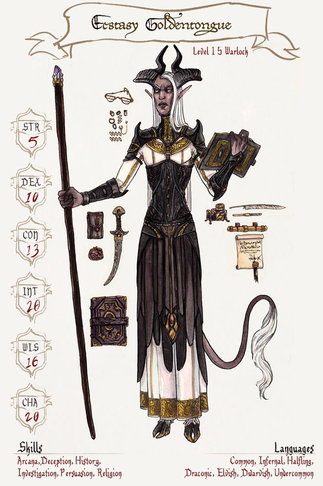 A watercolor painting (head to toe) of a tiefling warlock. His stats and skills are listed, and several of his items appear around him.