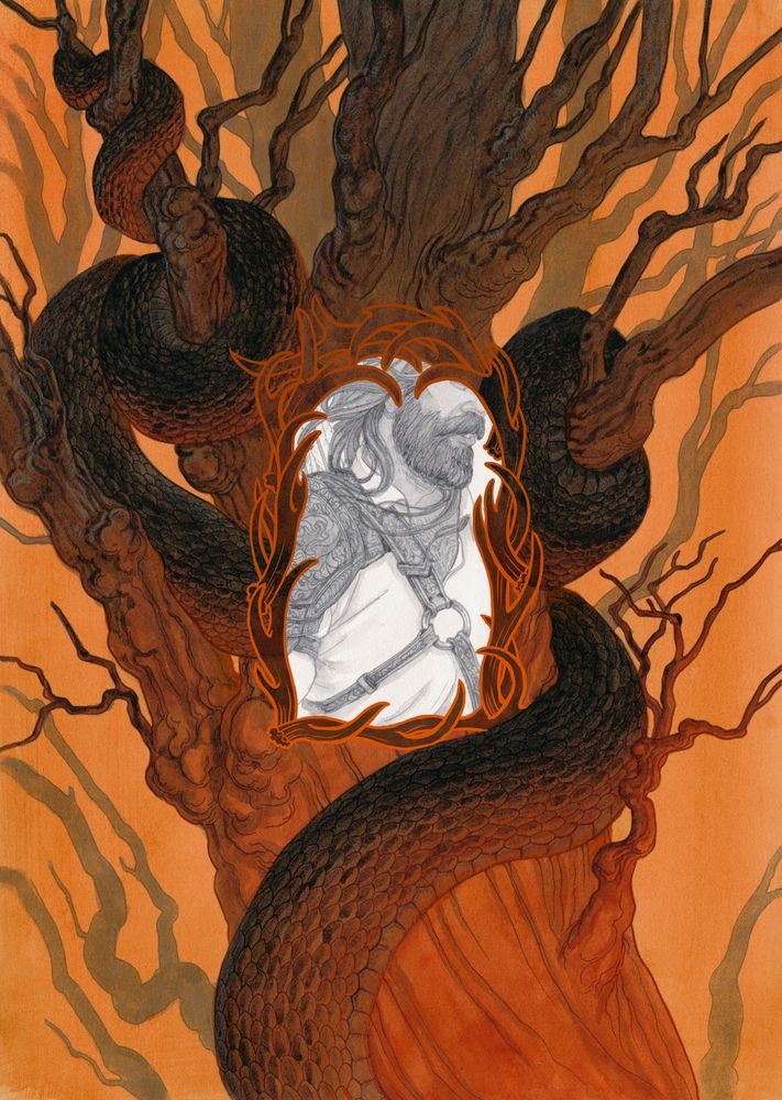 A watercolor illustration in oranges and greys. A serpent weaves through bare branches of a tree. Centered, within a frame of antlers, a black and white portrait of a bearded man with leather armor on one shoulder and a quiver on his back.