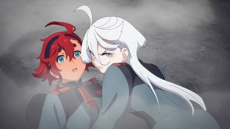 Miorine at the start of gundam witch from mercury, angry and pinning Suletta to the ground