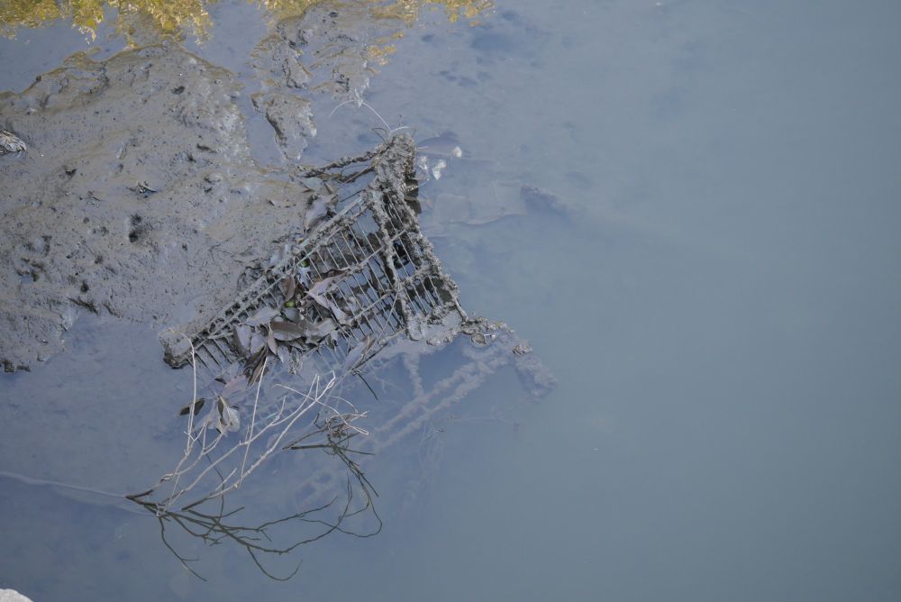 A shopping trolley lying on its side, covered in silt. The trolley is half exposed on a river bed due to low tide, though pretty much all of it can be seen through the murky water. A branch is by the wheels of the trolley, sticking up and making a reflection on the water. 