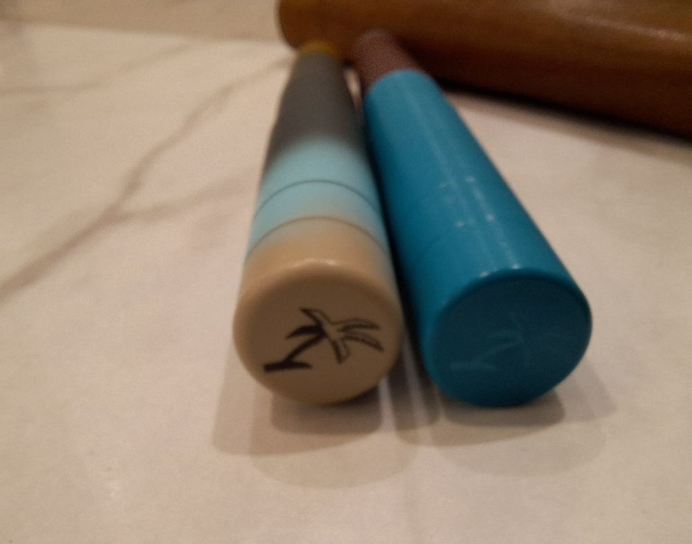 Two capped Kasama fountain pens showing the palm tree logo on the finials.
