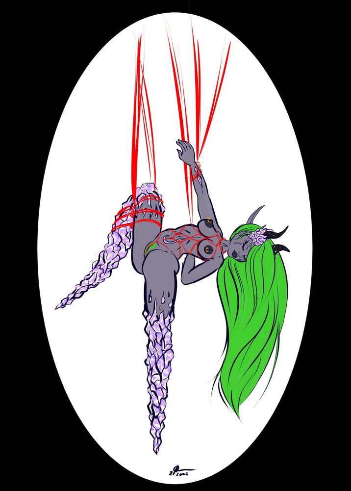 Green haired elf lady with spiked crystal feet hanging naked and suspended by rope bondage