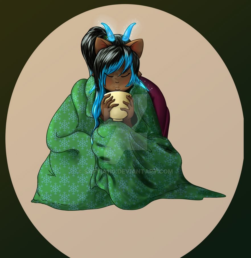 Brown-skinned Kemonomimi girl with black hair w/blue highlights and luminous blue horns- one pair behind her ears and a pair at the back of her head. She is wrapped snuggly into a green blanket holding a steaming mug