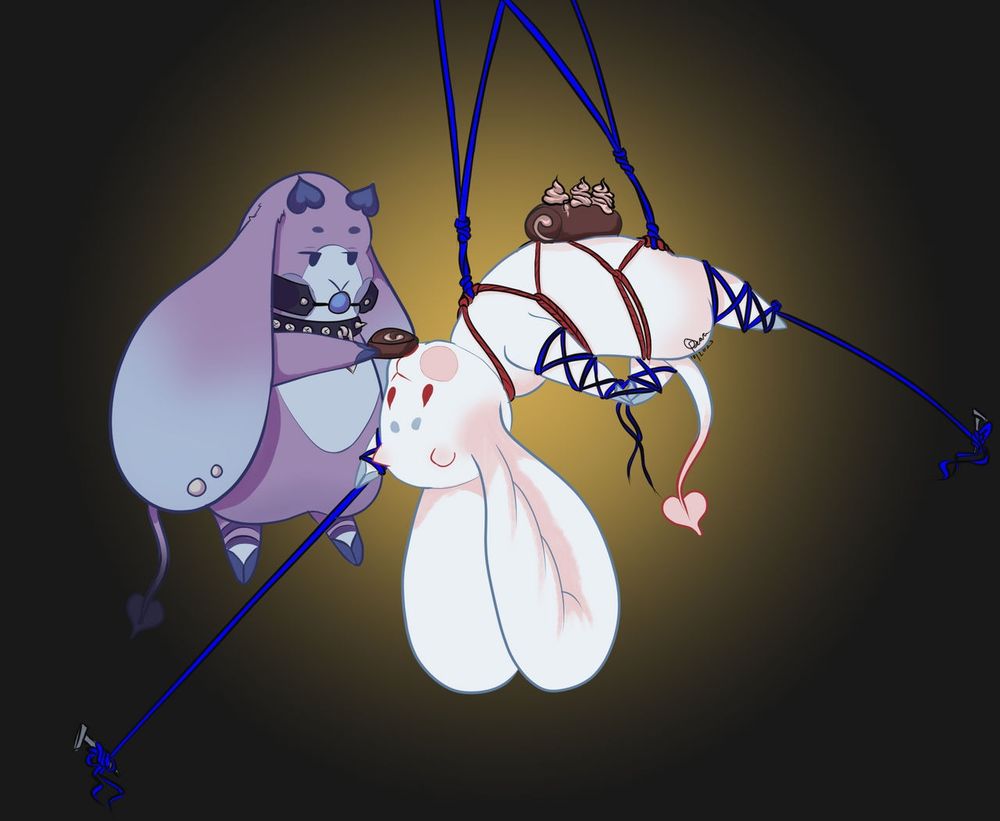Shibani Succubun wearing shibani and tied to multiple ropes, while being fed cake by a second Succubun