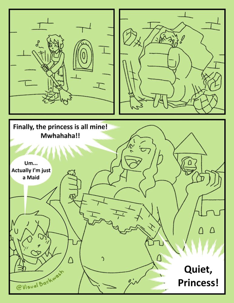 A giantess looks in on a maid before capturing her, assuming she's the castles princess.