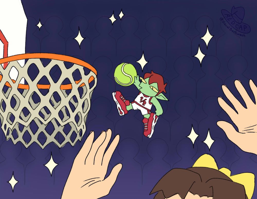 A goblin dunks a tennis ball as the crowd cheers