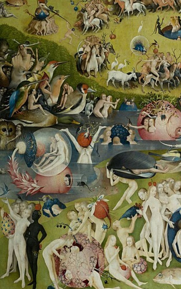 Section of The Garden of Earthly Delights by Hieronymus Bosch showing a multitude of people frolicking by some water. 