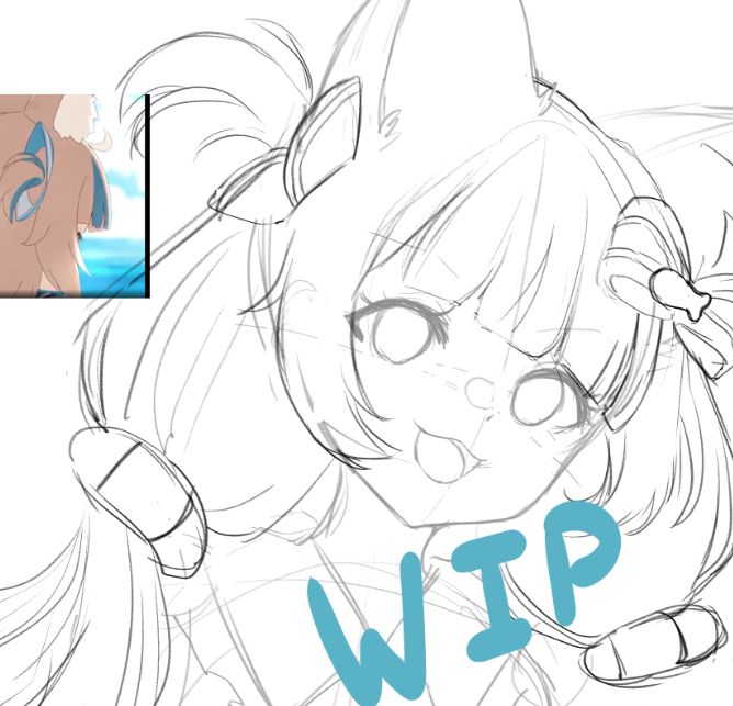 A Work in Progress of samekosaba. A sketch of a cat girl with her hair in pigtails, open mouth smiling at the viewer.