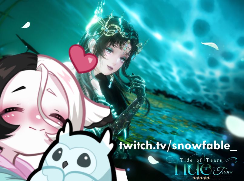 png of snowfable holding an owl and link for twitch.tv/snowfable over an image of nikki with black hair and a crown on top of a green bg.