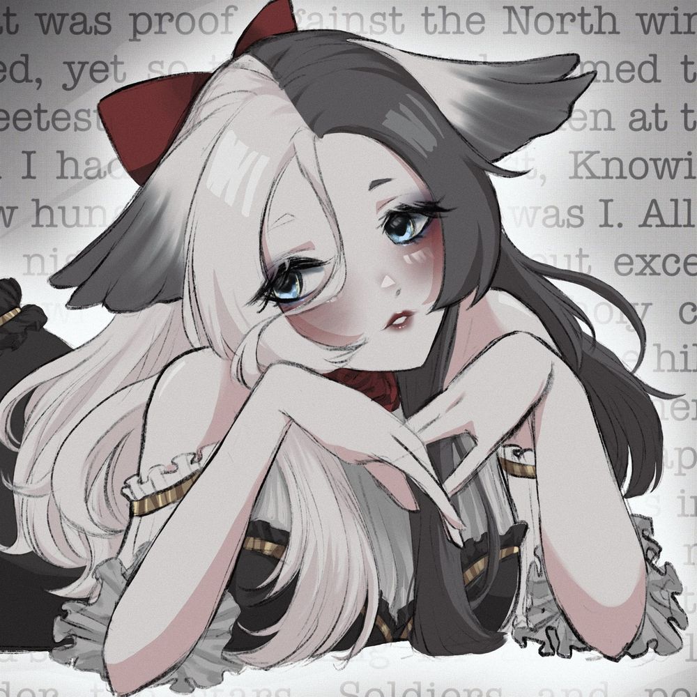 SnowFable's model laying down with her hands crossed in front of her. She has split black and white hair and blue eyes with porcelain white skin, wearing a gothic lolita dress. The background is the poem The Owl.