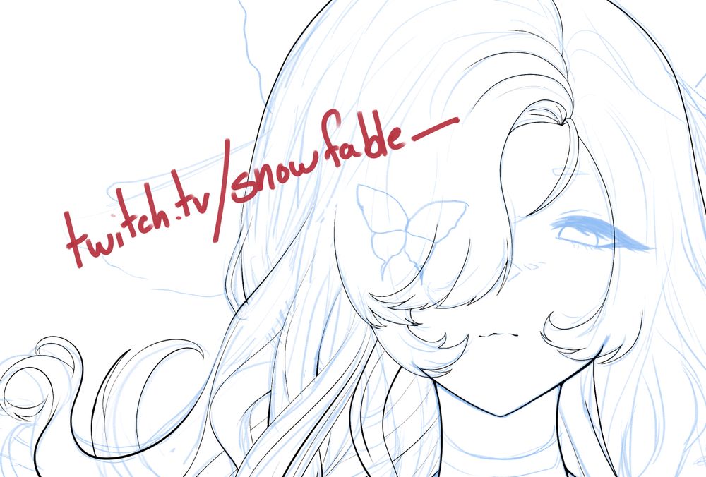 sketch of a lady with flowing hair and twitch.tv/snowfable_