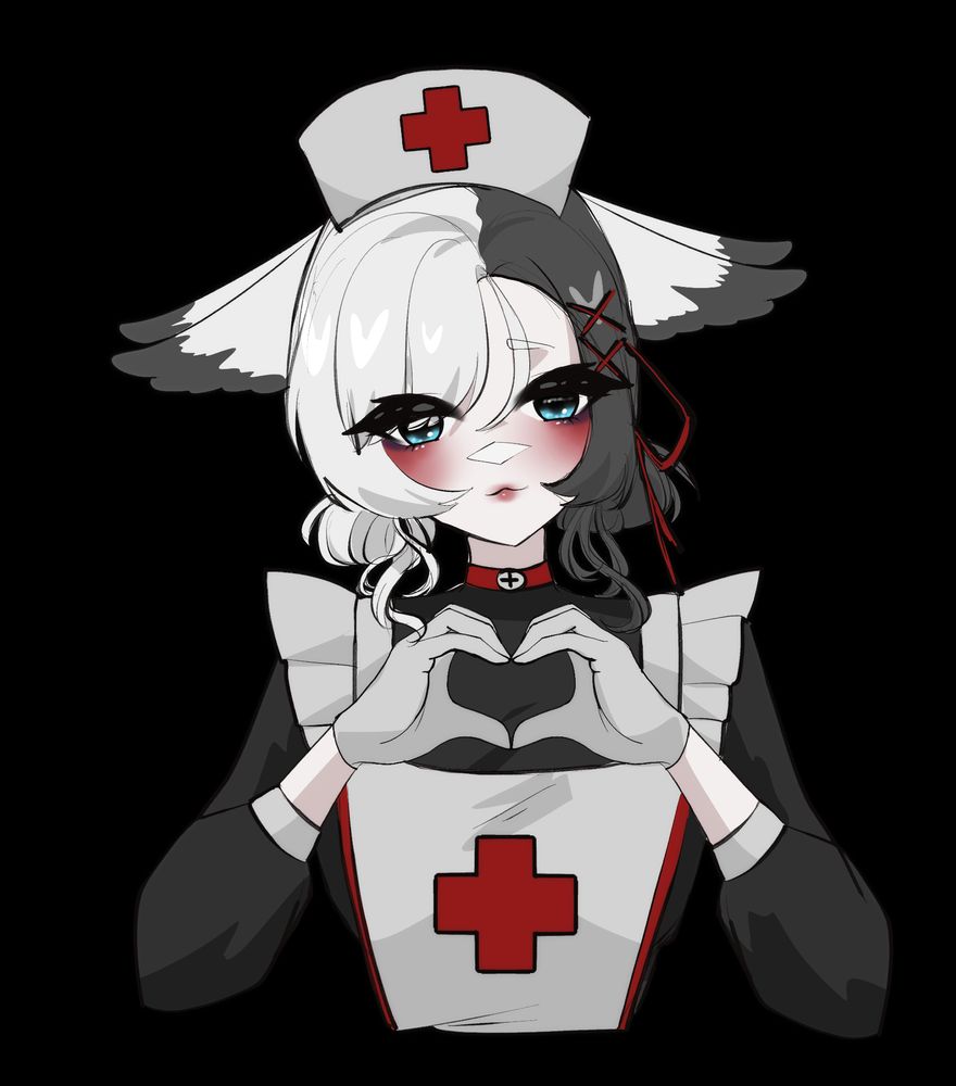 Snowfable's vtuber dressed as a nurse with heart hands. She has blue eyes with heavy eyelashes and split white and black hair in little buns towards the lower back of her head. She has headfeathers that are white with black tips. And, she is wearing an apron with a red cross.