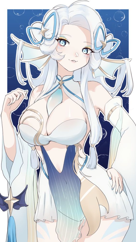 Delicia's vtuber model posing over a bubble background. She has white hair and fins coming out by her ears. She wears a white dress with gold accents and a see through ocean colored panel.
