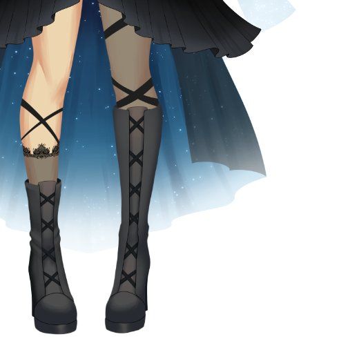 Thighs down of a vtuber model. At the top there is the bottom of a wavey skirt, straps on the leg, left leg has a lace sock and two different length boots. There is a skirt behind the legs that is a gradient blue with twinkling stars.
