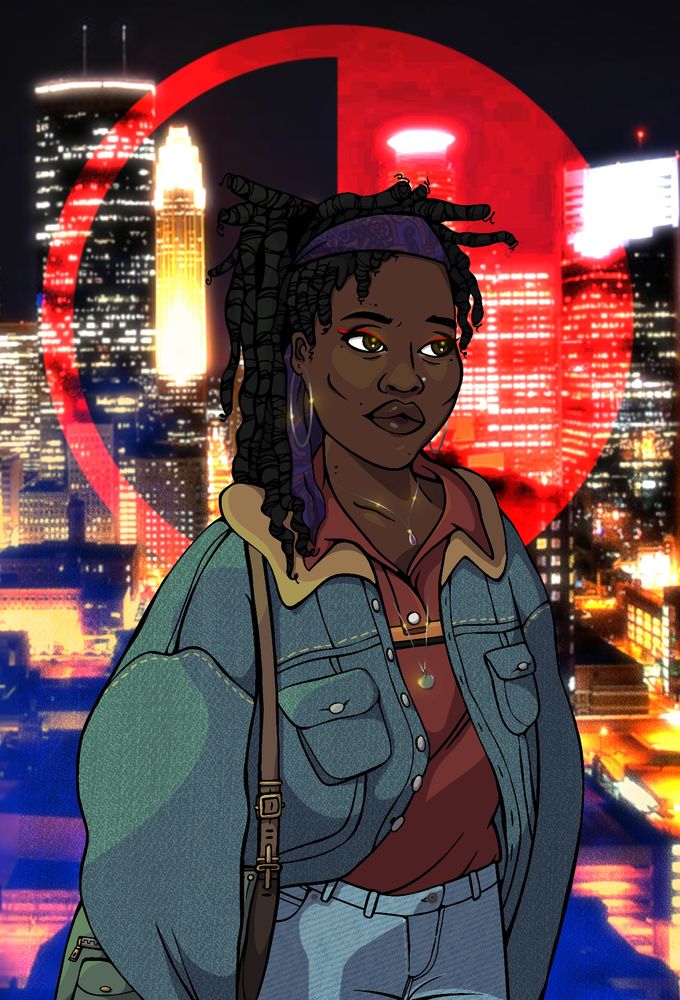 Digital illustration of OP's Vampire: The Masquerade OC "Jackie", bust. She's a pretty black woman with prominent cheekbones, striking red eyeliner, and twists tied up and held back with a purple paisely headband. She's wearing a rusty red polo, a denim jacket, and jeans. She has hoop earrings, a couple necklaces, and a messenger bag. The background is of the Twin Cities skyline, and a red overlay of the thin-blood symbol (a circle half filled from the right).