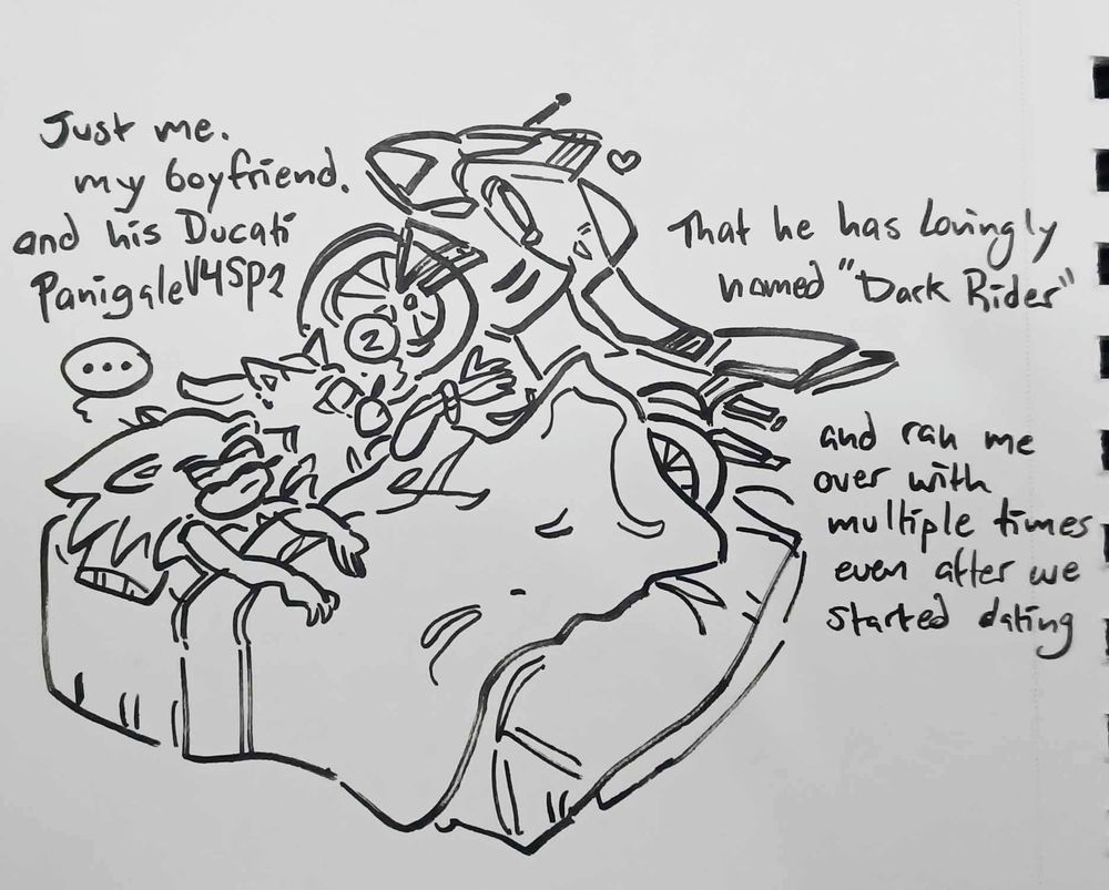 A traditional lineart pen doodle of Sonic and Shadow in bed together. Sonic is laying flat out with his hands above the covers looking tired and annoyed. Shadow is turned away asleep, and cuddling his motorcycle. Text is as followed (implied to be Sonic's thoughts): "Just me. my boyfriend. and his Ducati Panigame V4SP2 / That he has lovingly named "Dark Rider" / "and ran me over with multiple times even after we started dating"