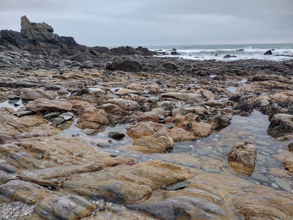 A rocky shoreline and the sea 