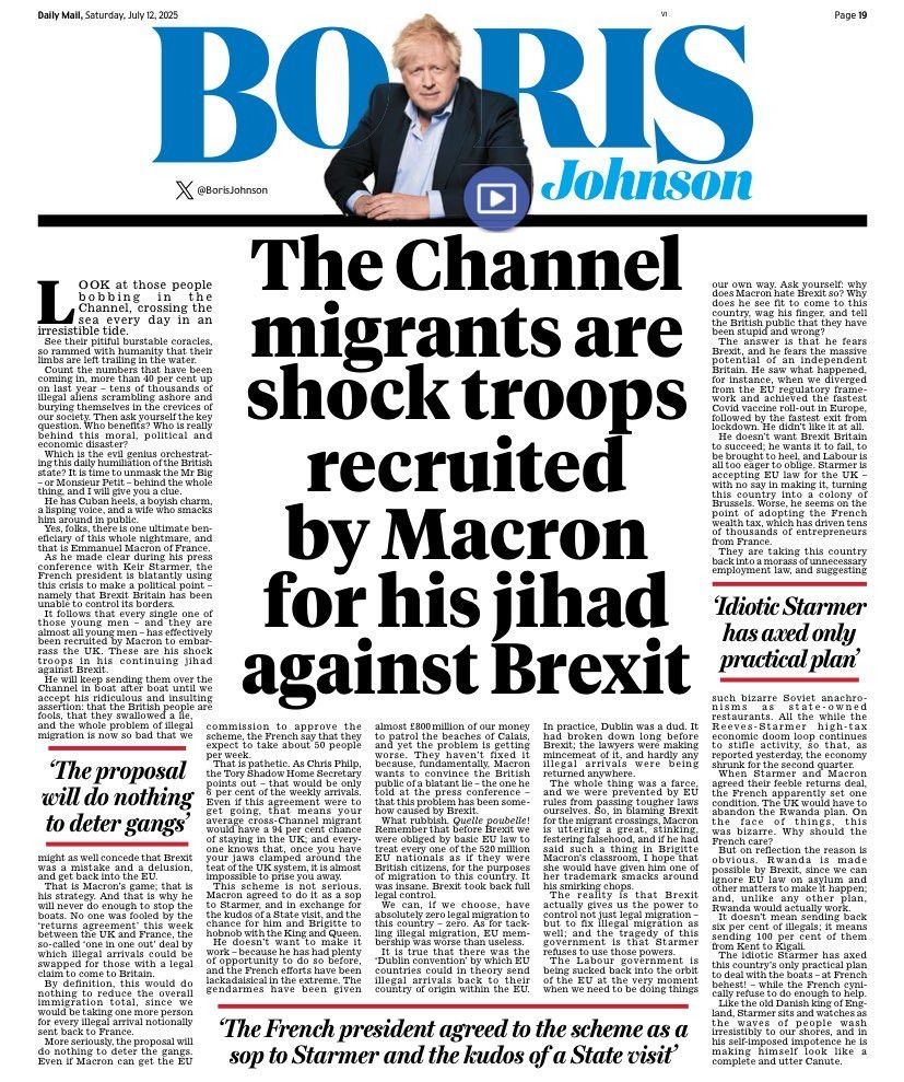 Mail column by Boris Johnson: The Channel migrants are shock troops recruited by Macron for his jihad against Brexit
