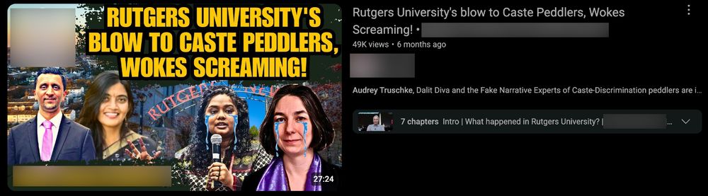 A screenshot from a web browser showing a thumbnail on the left and description for a video to the right of the thumbnail on the Youtube website, the background is a plain black. The thumbnail for the video has some uninteresting yellow text with a black outline with photographs of 4 people below the text. The 2 people on the left are smiling while the 2 people on the right, Thenmozhi Soundararajan and Professor Audrey Truschke, have fake, low-quality tears superimposed onto their faces.