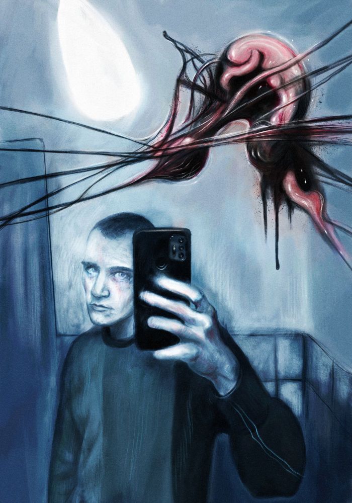 digital painting, self-portrait with phone in hand, organic shape hanging above, predominantly blue with some red