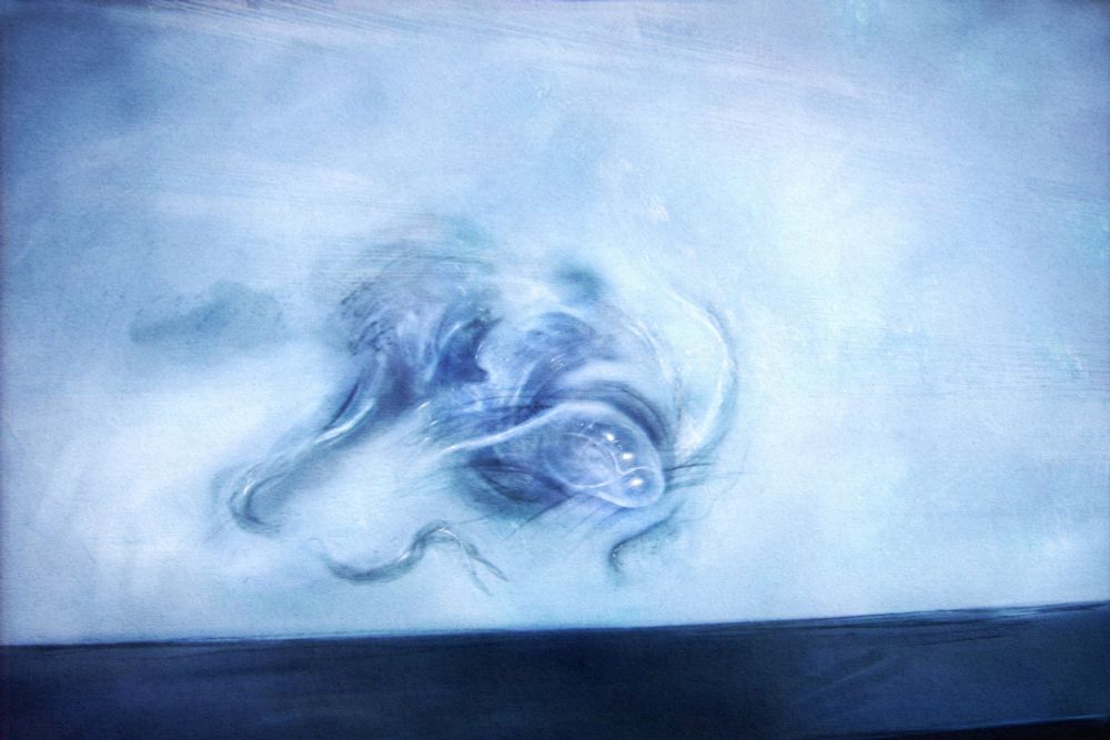 digital artwork, indistinct inhuman creature, suspended, perhaps in liquid, perhaps behind glass, predominantly blue