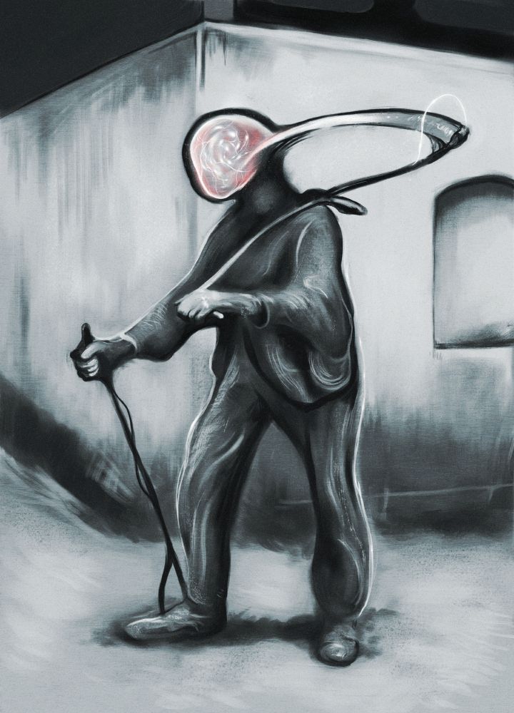 digital painting, abstracted clothed figure holding a scythe