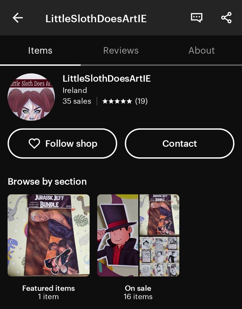 A screenshot of an etsy storefront for LittleSlothDoesArtIE