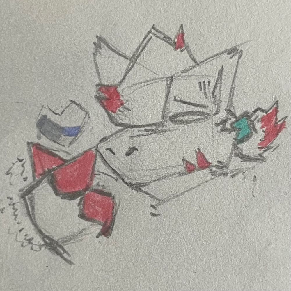 [a headshot of a hisuian zoroark with a short mane tied in a ponytail
they’re shakily holding their claws in a heart shape, the heart above it displaying the demian flag (demi aroace)]