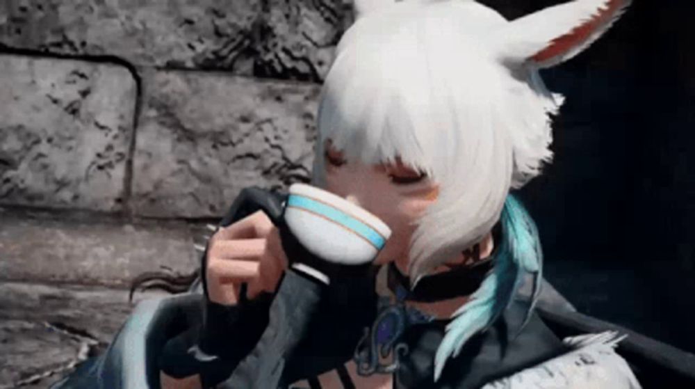 a girl with white hair is drinking from a cup