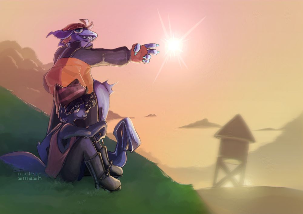 Digital illustration of me and my friend DearDecay depicted as our sonas -- me a shark and him a.. canine of a sort I think. For some reason I'm preparing a little spirit bomb to shoot at someone, no idea who, though! 