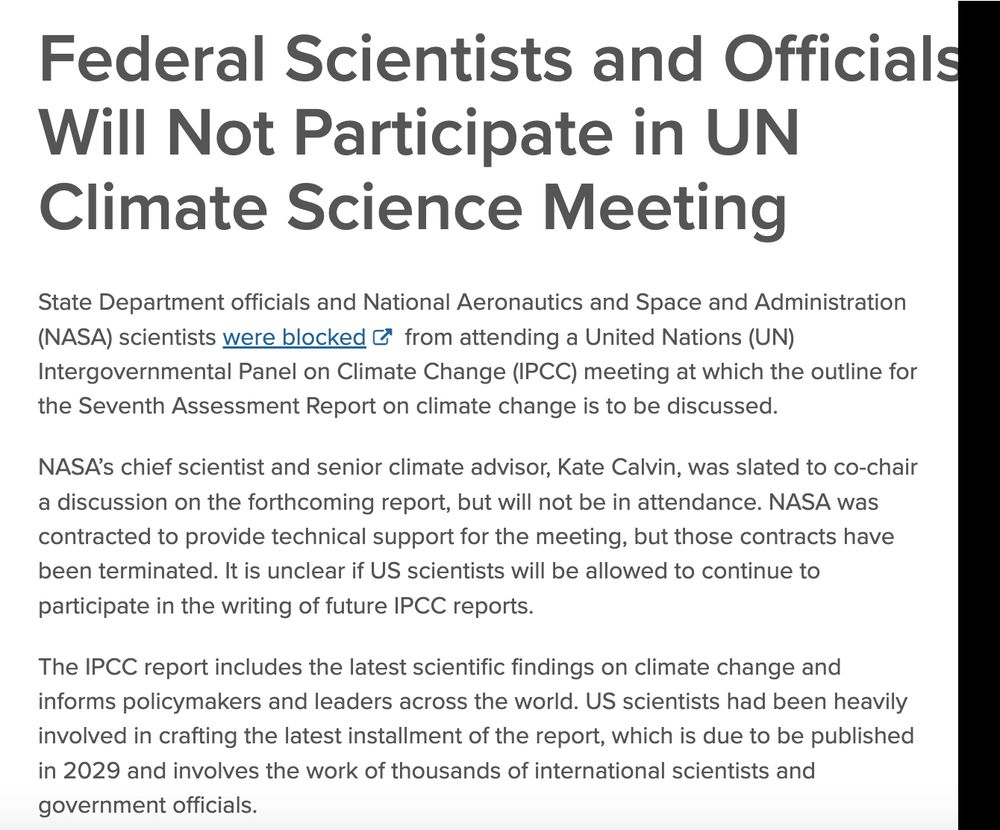 Screenshot of the most recent Silencing Science Tracker entry titled "Federal Scientists and Officials Will Not Participate in UN Climate Science Meeting"
