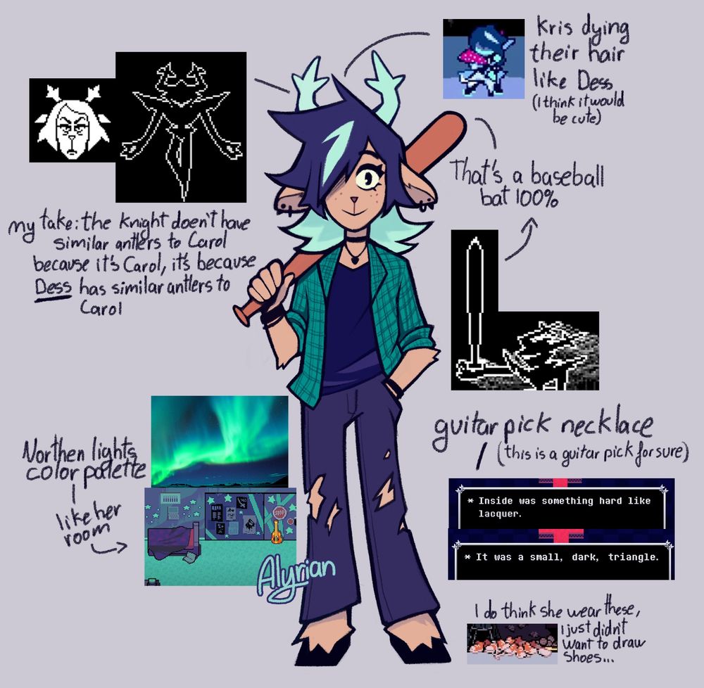 Explanations for my fan design of Dess Holyday:

1. My Take: The knight doesn't have similar antlers to Carol because it's Carol, it's because Dess has similar antlers to Carol.

2. Kris dyeing their hair like Dess (I think it would be cute).

3. That's a baseball bat 100%

4. Northen lights color palette, like her room.

5. Guitar pick necklace (this is a guitar pick for sure).

6. I do think she wear these, I just didn't want to draw shoes...