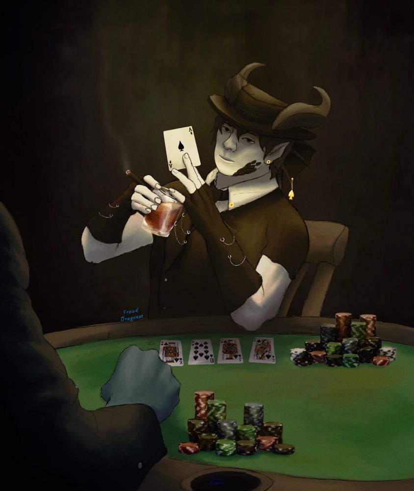 A white figure with black gloves and a cheap suit smoking a cigarette and drinking, while cheating at poker. A blueish figure of sorts is in the foreground and the main figure, Ace. Is holding up an ace of spades. 