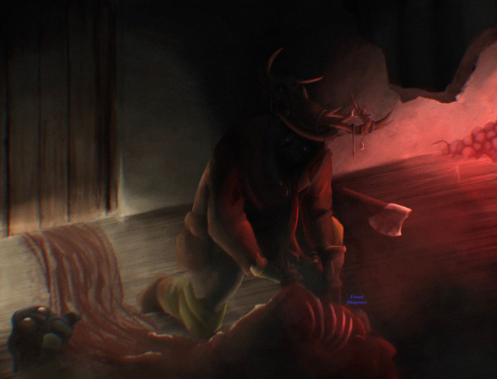 Abbott, my Darkwood oc devouring a mound of odd meat. Strange light comes in from underneath a door, and a mound of large mushrooms glows red. Casting light on the grisly scene. 