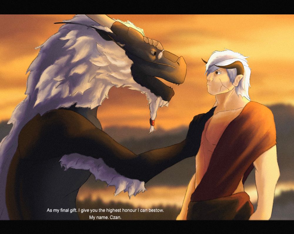 A large black dragon with white fur crouches and holds his hand to a smaller human. 
He gives the human his name, granting the highest honour a dragon can give. Bbg